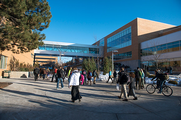 Students leave the I-Center after devotional.