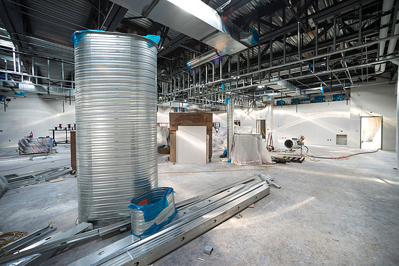 Construction moves forward on the newest building on BYU-Idaho campus. This room is completely lit by skylights.