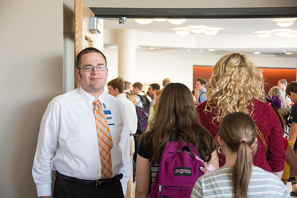 Students gather to listen to President and Sister Clark talk in the i-Center for the first devotional of the semester.