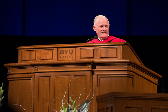 Former BYU-Idaho President Kim B. Clark speaks at convocation in the I-Center.