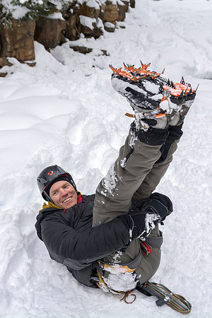 Scott Hurst taking a break from ice climbing.