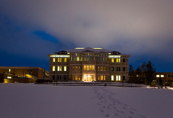 The Spori Building during a cold winter's night.