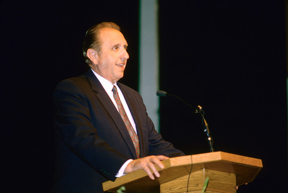 Elder Thomas S. Monson speaks to students at Ricks College during devotional
