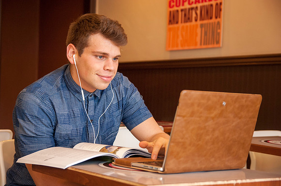 Blake, an online learning student, studies off campus in Rexburg, Idaho.