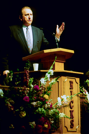 Elder Thomas S. Monson speaks to students at Ricks College during devotional