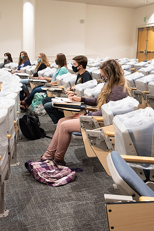 Brother Castro teaches a Missionary Prep during Summer session 2020. Students are separated to be social distance and wear masks during the COVID-19 Pandemic.