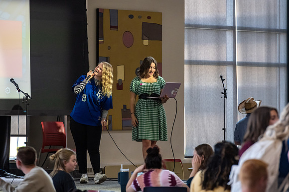 Students gathered in the Manwaring Center and played Kahoot.