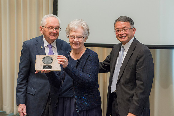 Vice President Kevin Myasaki presents the Alumni Award of Excellence to Vance & Diane Hendricks at the Emeritus Breakfast, Nov. 14, 2015.