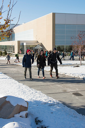Student's walk to and from Devotional after the first snow fall of the semester.