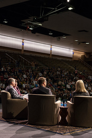 President and Sister Gilbert ask Elder and Sister Bednar questions during Date Night with married students at BYU-Idaho.