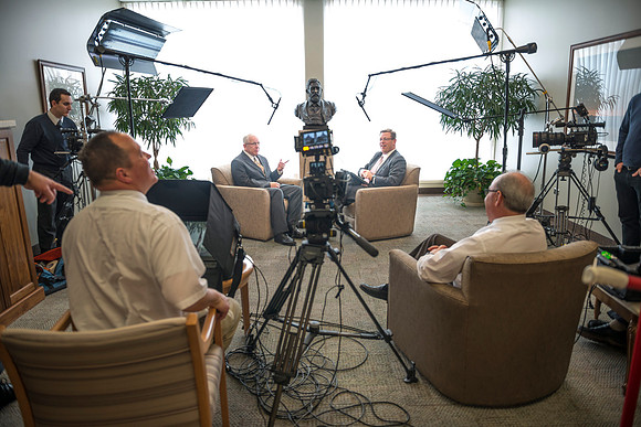 President Clark G. Gilbert interviews retired english instructor, Scott Samuelson, to learn more about the "Spirit of Rick's"