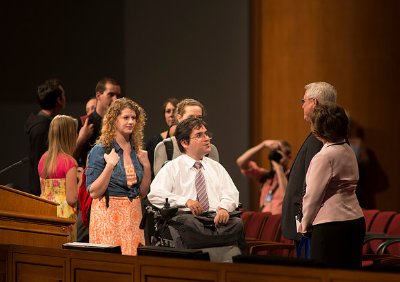 BYU-Idaho students line up after devotional to take the opportunity greet Bishop and Sister Dean Davies of the presiding Bishopric. (Shot with a Tamron 300mm f/2.8 manual focus lens)