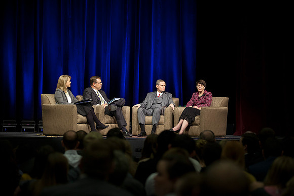 President and Sister Gilbert ask Elder and Sister Bednar questions during Date Night with married students at BYU-Idaho.