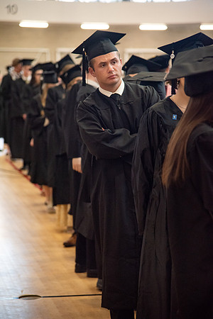 Student Graduates and Faculty meet in the I-Center for Commencement.