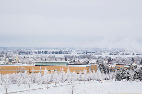 View of snow covered campus.