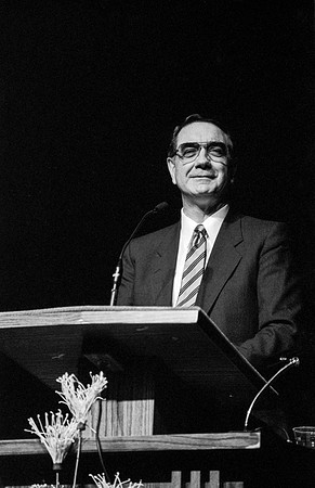 Elder Richard J. Clark speaks to students at Ricks College during devotional
