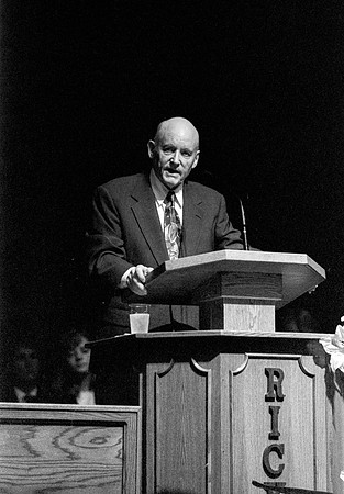 President Howard W. Hunter speaks to students at Ricks College during devotional
