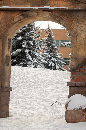 A snowy path towards the Hinckley Building.