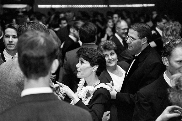 Sister Bednar dancing with one of the guests at the reception