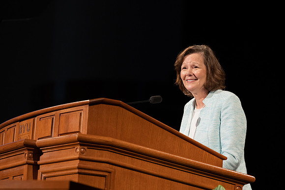 Susan Porter, the General Primary President, addresses BYU-Idaho Students during the weekly Tuesday devotional.