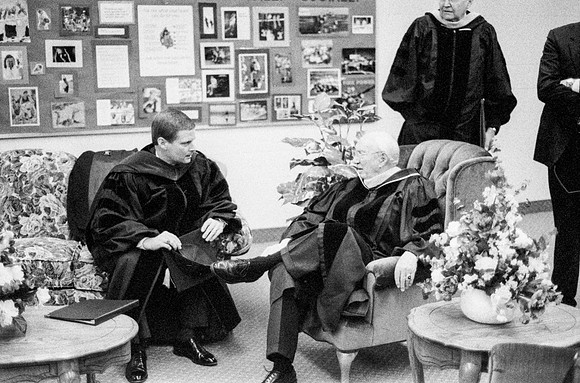 President David A. Bednar and President Gordon B. Hinckley conversing