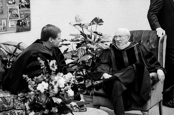 President David A. Bednar and President Gordon B. Hinckley conversing