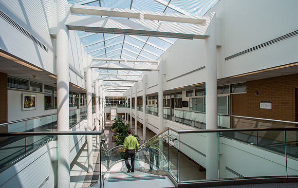The atrium in the center of the Spencer W. Kimball Building provides beautiful natural sunlight into the building.