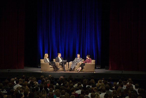 President and Sister Gilbert ask Elder and Sister Bednar questions during Date Night with married students at BYU-Idaho.