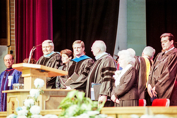 President David A, Bednar, President Gordon B. Hinckley and Elder L. Tom Perry on the stand for Inauguration