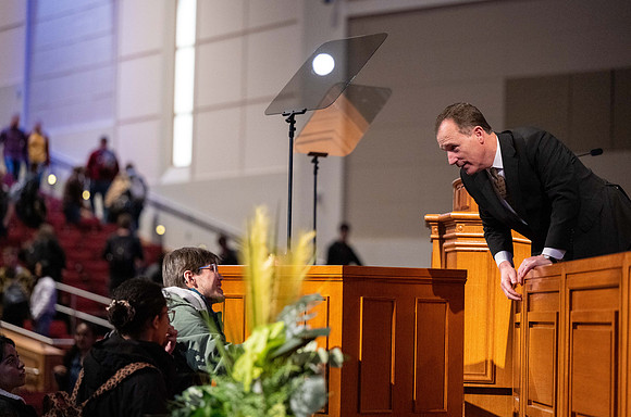 Students gather for devotional in the BYU-Idaho Center with Elder Kyle S McKay, General Authority Seventy.