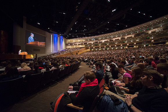 Elder Bednar speaks to a filled BYU-Idaho Center at devotional.