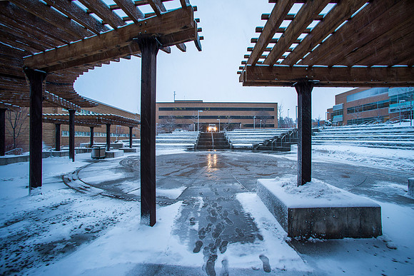 BYU-Idaho campus blanketed with snow.