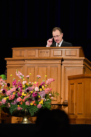 Elder Kyle S. McKay address students of BYU-Idaho in the I-Center.