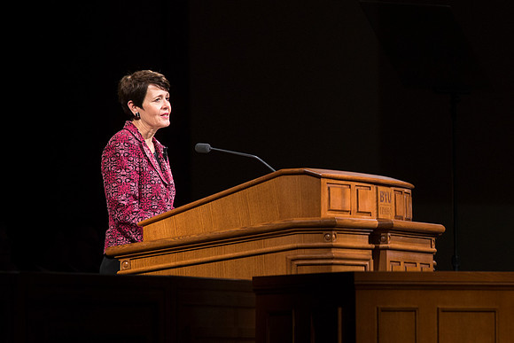Sister Bednar addresses BYU-Idaho students at devotional.