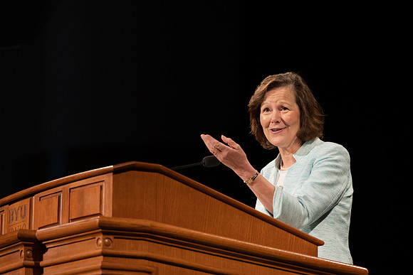 Susan Porter, the General Primary President, addresses BYU-Idaho Students during the weekly Tuesday devotional.