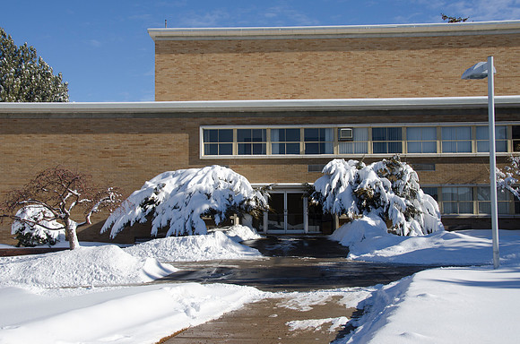 Oscar A. Kirkham Building. A major winter storm dumped eight to ten inches of snow over two days leaving campus in a blanket of white.