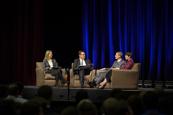 President and Sister Gilbert ask Elder and Sister Bednar questions during Date Night with married students at BYU-Idaho.