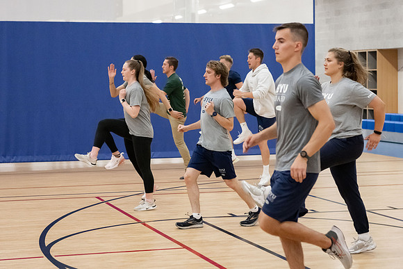 BYU-Idaho students attend a hands-on sprinting workshop in the I-center.