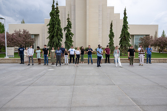 Student models for Admissions Viewbook cover options. May 2023