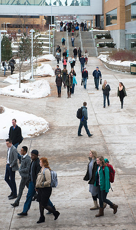 Student traffic as they go to the first devotional of Winter Semester.