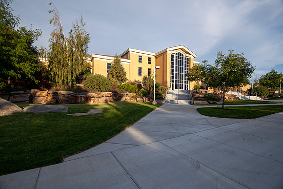 Sun sets on the Hinckley Building during the Spring Semester.