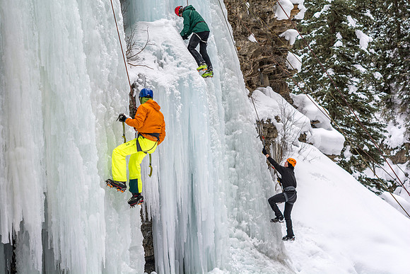 Eric Ward, a mechanical engineering major, goes ice climbing with other students as part of Outdoor Activities.