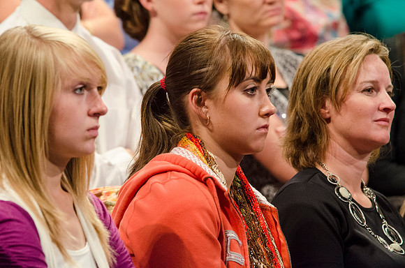 Audience members listening to Pres. Clark share information about new BYU-Idaho students and answers to questions