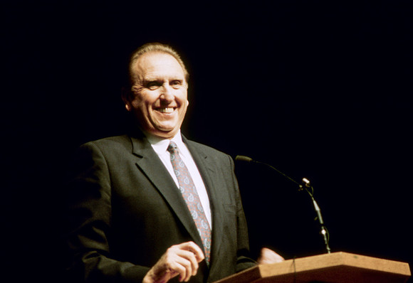 Elder Thomas S. Monson speaks to students at Ricks College during devotional