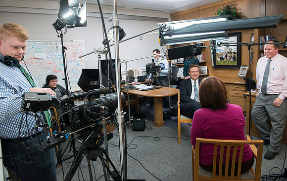 President Gilbert interviews Kris Powell about her role in the Student Activity Program and the Spirit of Ricks.