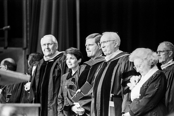 President David A, Bednar, President Gordon B. Hinckley and Elder L. Tom Perry on the stand for Inauguration