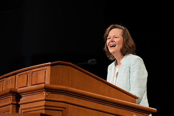 Susan Porter, the General Primary President, addresses BYU-Idaho Students during the weekly Tuesday devotional.