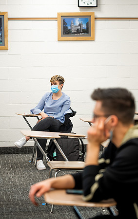 BYUI classes in the religion department meeting during Covid-19 with masks and social distanced seating.