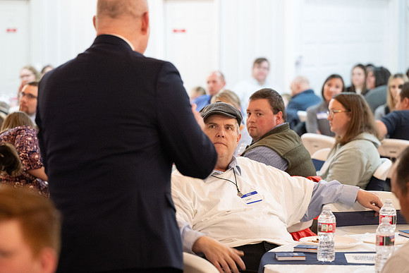 Alumni in the Cache Valley area gather at Eagles Landing Event Center, in Smithfield, Utah and get the chance to listen to and meet President Meredith.