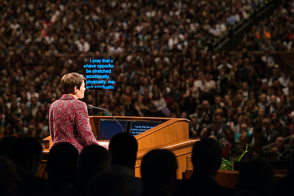 Sister Susan Bednar speaking at BYU-Idaho devotional.